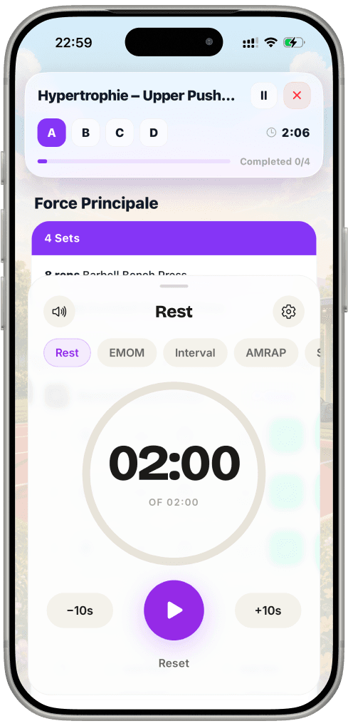 Jimmy Coach: a workout in progress, with the rest timer