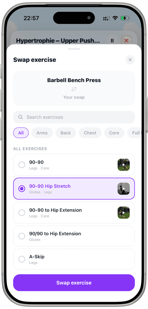 Jimmy Coach: swapping an exercise mid-workout, with a video for each move