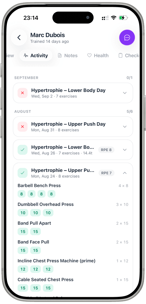 Jimmy Coach in coach mode: a client’s workouts, set by set