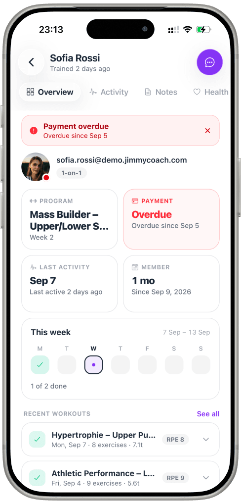 Jimmy Coach in coach mode: one client’s program, overdue payment and week