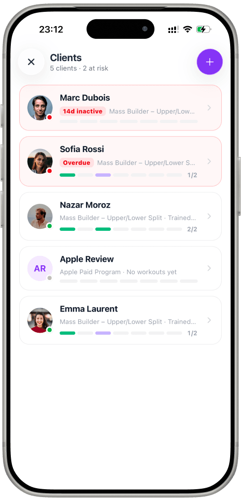 Jimmy Coach in coach mode: the client list, with inactive and overdue clients flagged