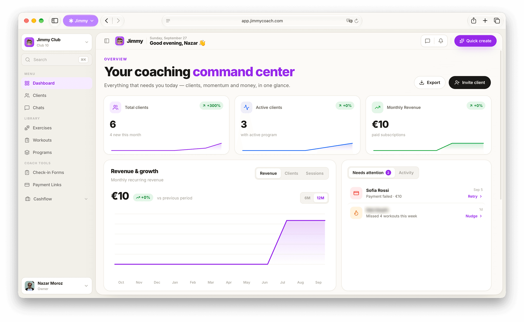 The Jimmy Coach web dashboard: clients, active programs, monthly revenue and who needs attention
