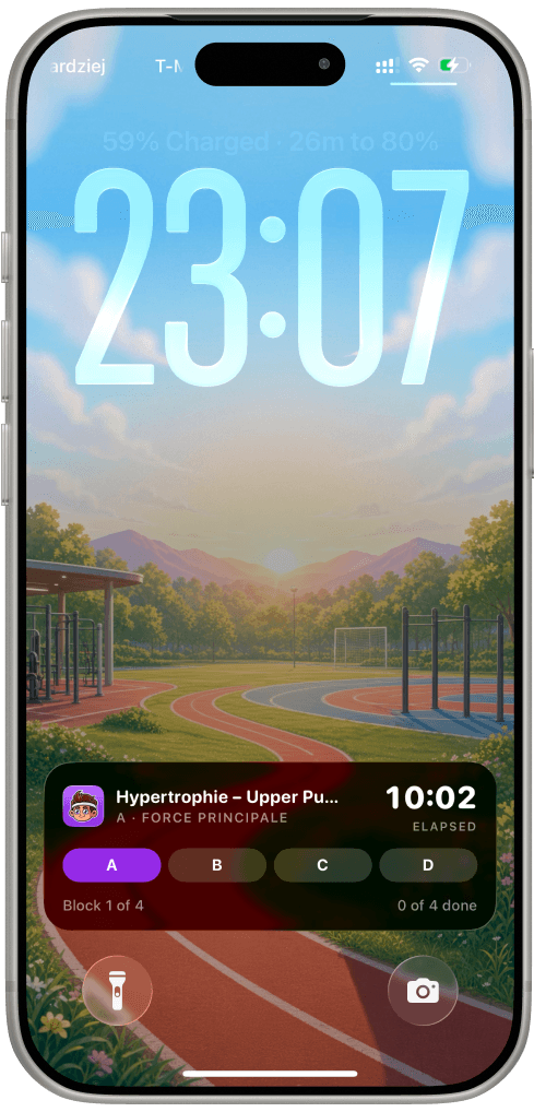 A Jimmy Coach workout on the iPhone lock screen: the block and the time elapsed