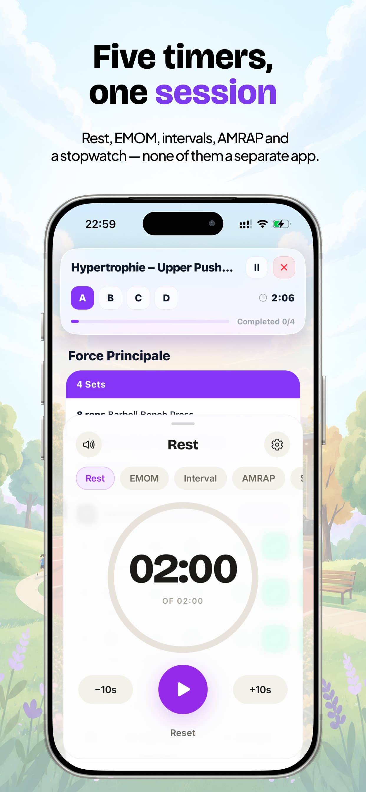 Jimmy Coach in the App Store: five timers in one session, rest, EMOM, intervals, AMRAP and a stopwatch