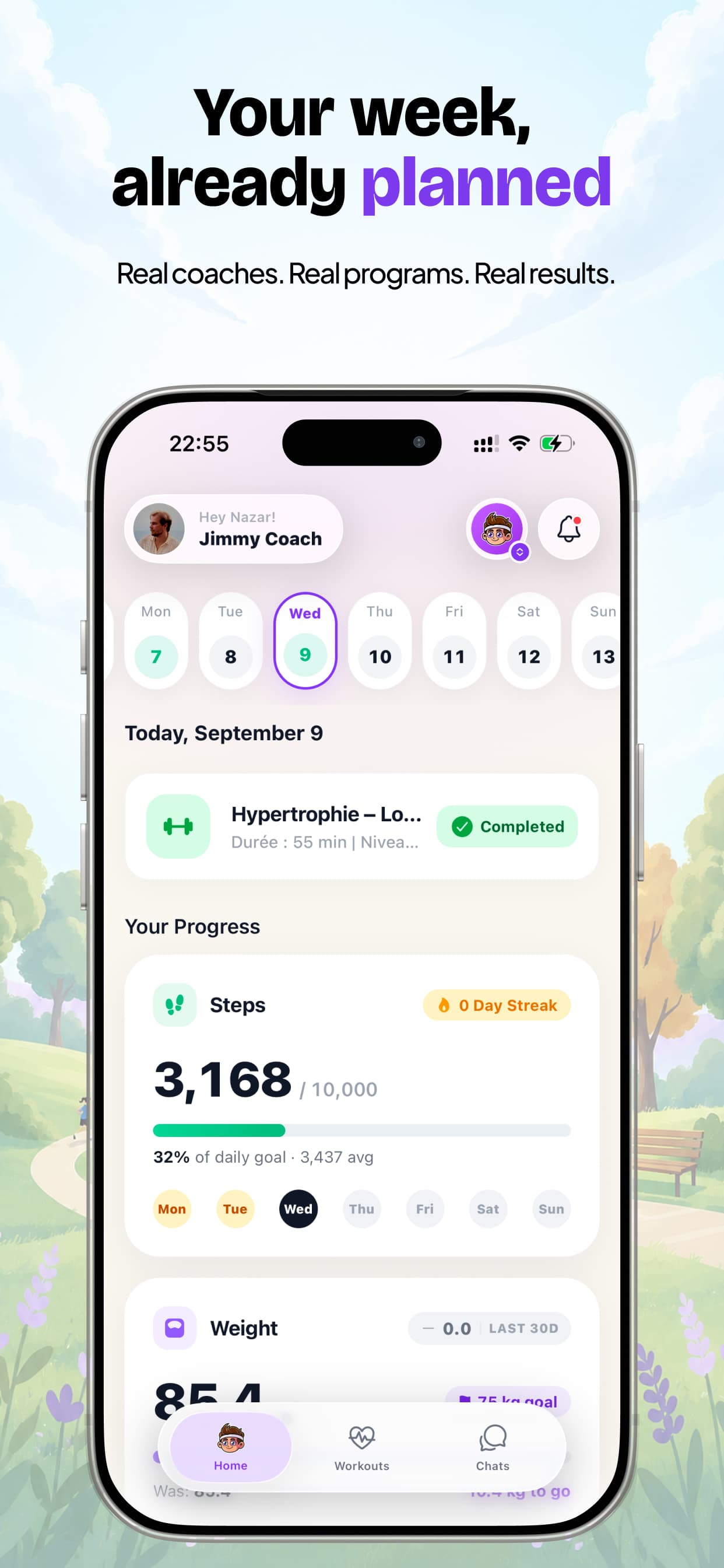 Jimmy Coach in the App Store: the client’s week, already planned, with today’s workout, steps and weight