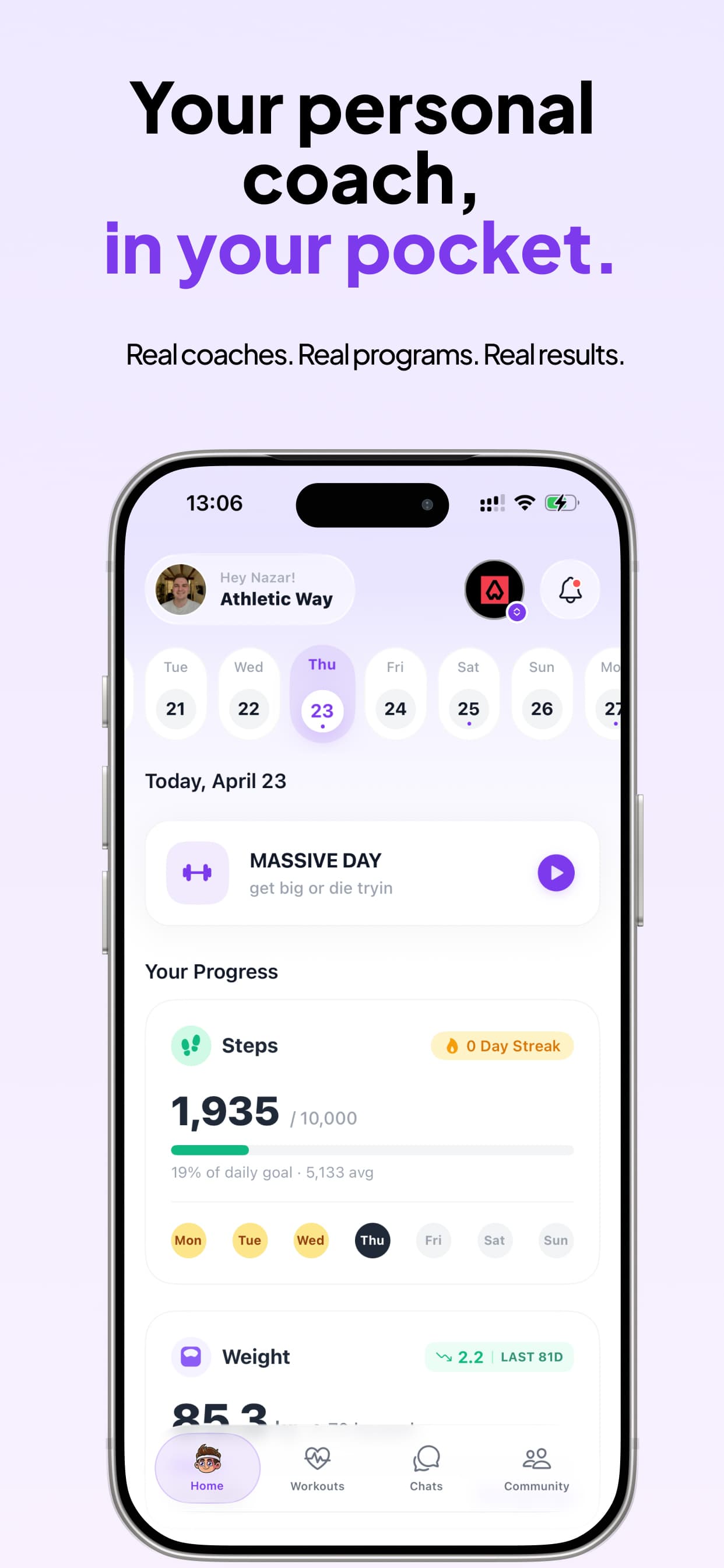 Jimmy Coach: the member home screen with today’s workout, steps and weight progress