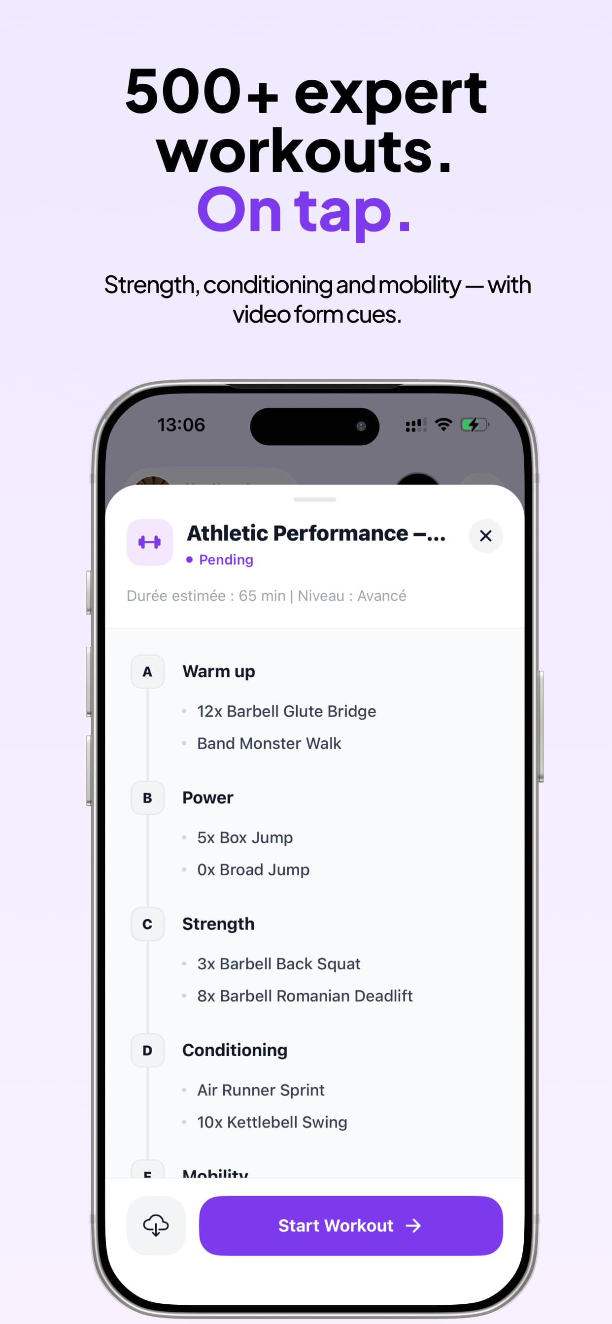 Jimmy Coach — a workout broken into warm-up, power, strength and conditioning blocks