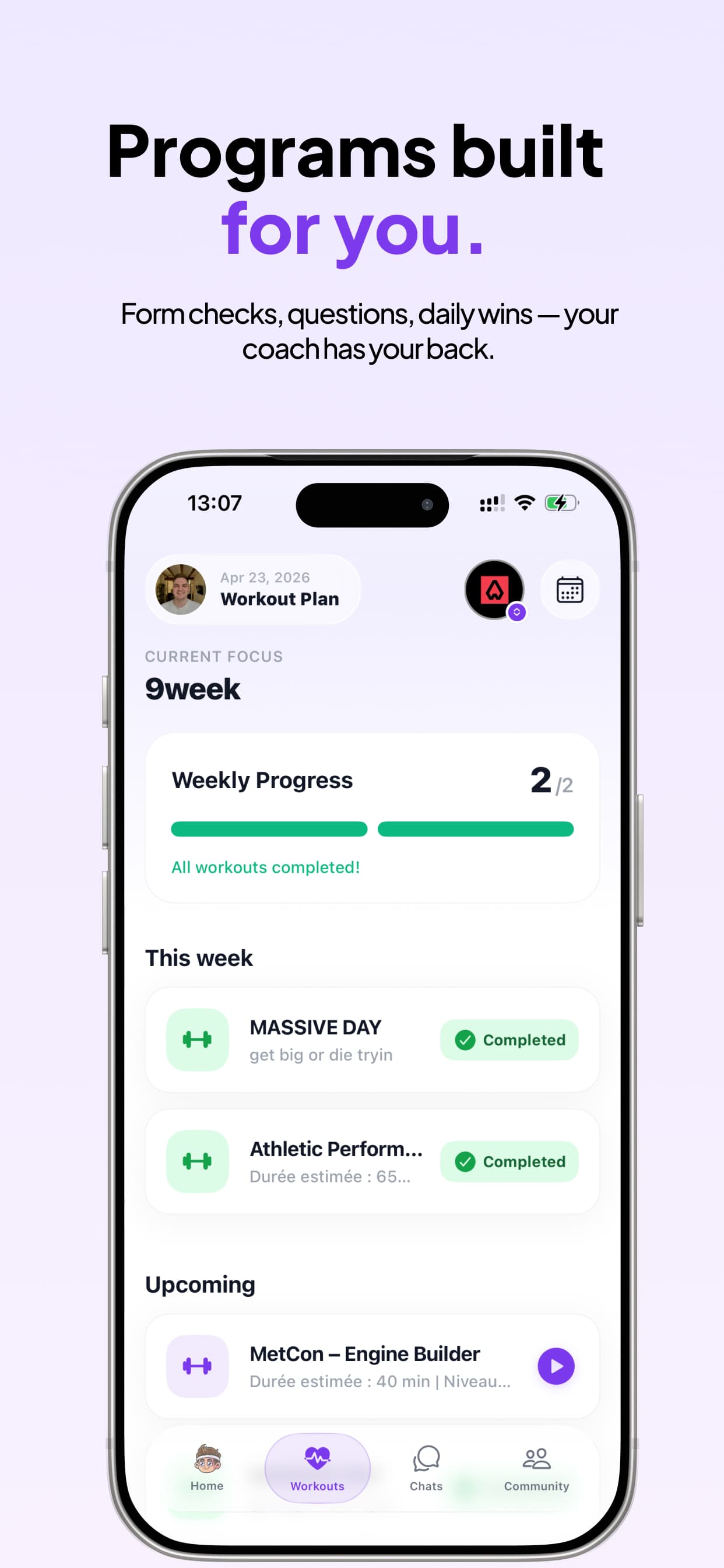 Jimmy Coach: a personal program with weekly progress and upcoming workouts